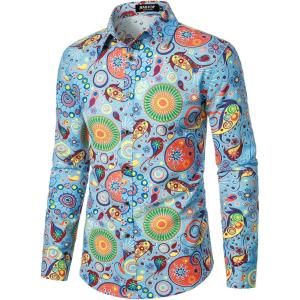 imageMens Cotton Linen Vintage 70s Hippie Pattern Printed Long Sleeve Button Down Shirts for Disco PartyBlue Multicolor