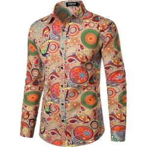 imageMens Cotton Linen Vintage 70s Hippie Pattern Printed Long Sleeve Button Down Shirts for Disco PartyKhaki Multicolor