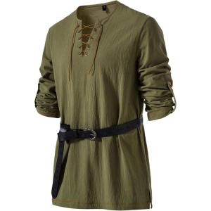 imageMens Pure Cotton Vintage Lace Up Shirts for Pirate Renaissance Viking Medieval Costume Without BeltArmy Green