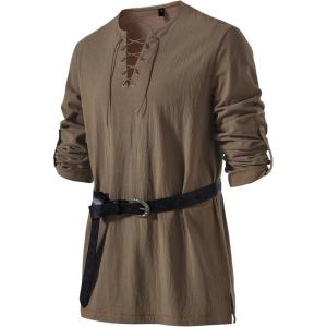 imageMens Pure Cotton Vintage Lace Up Shirts for Pirate Renaissance Viking Medieval Costume Without BeltCoffee