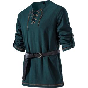 imageMens Pure Cotton Vintage Lace Up Shirts for Pirate Renaissance Viking Medieval Costume Without BeltDark Green