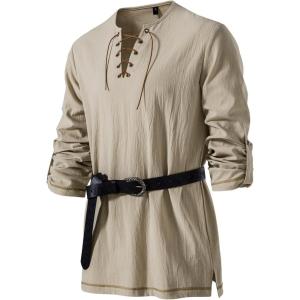 imageMens Pure Cotton Vintage Lace Up Shirts for Pirate Renaissance Viking Medieval Costume Without BeltKhaki