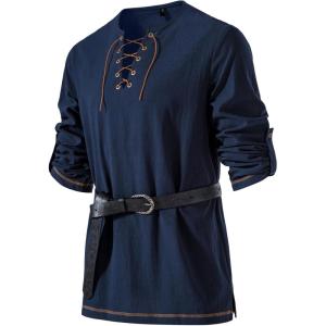 imageMens Pure Cotton Vintage Lace Up Shirts for Pirate Renaissance Viking Medieval Costume Without BeltNavy Blue