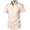 imageMens Stretch Textured Short Sleeve Button Down Shirts Summer Casual Beach Wedding Vacation ShirtBeige