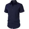 imageMens Stretch Textured Short Sleeve Button Down Shirts Summer Casual Beach Wedding Vacation ShirtNavy Blue