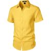 imageMens Stretch Textured Short Sleeve Button Down Shirts Summer Casual Beach Wedding Vacation ShirtYellow