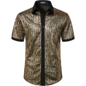 imageMens Shiny Metallic Sequin Stretchy Short Sleeve Button Down Shirts for 70s Disco Party HalloweenBlack Gold