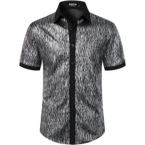 imageMens Shiny Metallic Sequin Stretchy Short Sleeve Button Down Shirts for 70s Disco Party HalloweenBlack Silver