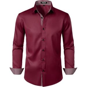 imageMens Stretch MultiUse Long Sleeve Dress Shirts Party Prom Wedding Shirts with Slight SheenBurgundy