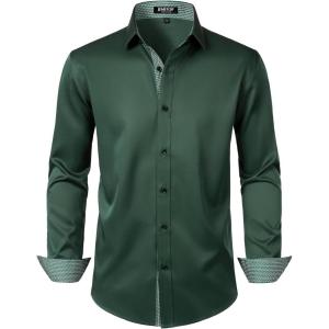 imageMens Stretch MultiUse Long Sleeve Dress Shirts Party Prom Wedding Shirts with Slight SheenDark Green