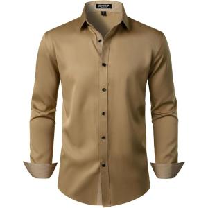 imageMens Stretch MultiUse Long Sleeve Dress Shirts Party Prom Wedding Shirts with Slight SheenKhaki