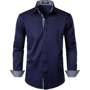 imageMens Stretch MultiUse Long Sleeve Dress Shirts Party Prom Wedding Shirts with Slight SheenNavy Blue