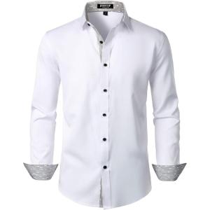 imageMens Stretch MultiUse Long Sleeve Dress Shirts Party Prom Wedding Shirts with Slight SheenWhite
