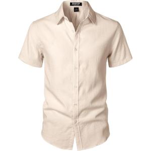 imageMens Stretch Textured Short Sleeve Button Down Shirts Summer Casual Beach Wedding Vacation ShirtBeige