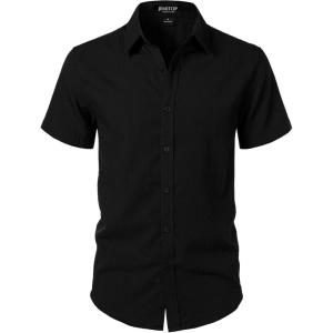 imageMens Stretch Textured Short Sleeve Button Down Shirts Summer Casual Beach Wedding Vacation ShirtBlack