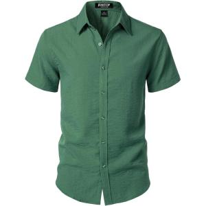 imageMens Stretch Textured Short Sleeve Button Down Shirts Summer Casual Beach Wedding Vacation ShirtDark Green