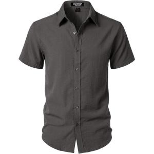 imageMens Stretch Textured Short Sleeve Button Down Shirts Summer Casual Beach Wedding Vacation ShirtDark Grey