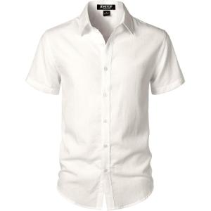 imageMens Stretch Textured Short Sleeve Button Down Shirts Summer Casual Beach Wedding Vacation ShirtIvory White