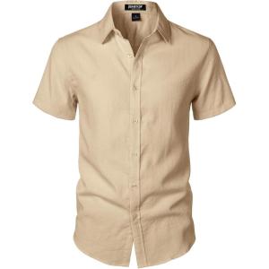 imageMens Stretch Textured Short Sleeve Button Down Shirts Summer Casual Beach Wedding Vacation ShirtKhaki