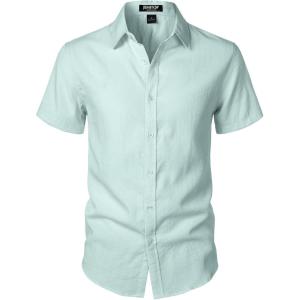 imageMens Stretch Textured Short Sleeve Button Down Shirts Summer Casual Beach Wedding Vacation ShirtLight Green