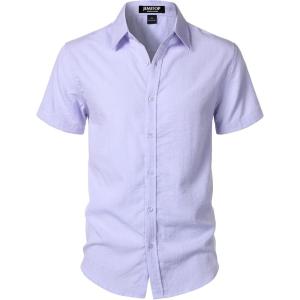 imageMens Stretch Textured Short Sleeve Button Down Shirts Summer Casual Beach Wedding Vacation ShirtLight Purple
