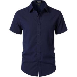 imageMens Stretch Textured Short Sleeve Button Down Shirts Summer Casual Beach Wedding Vacation ShirtNavy Blue