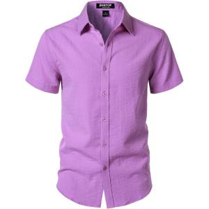 imageMens Stretch Textured Short Sleeve Button Down Shirts Summer Casual Beach Wedding Vacation ShirtPurple Red