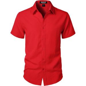 imageMens Stretch Textured Short Sleeve Button Down Shirts Summer Casual Beach Wedding Vacation ShirtRed