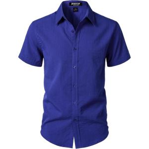 imageMens Stretch Textured Short Sleeve Button Down Shirts Summer Casual Beach Wedding Vacation ShirtRoyal Blue