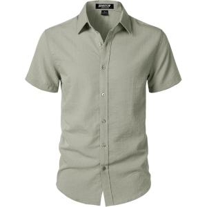 imageMens Stretch Textured Short Sleeve Button Down Shirts Summer Casual Beach Wedding Vacation ShirtSage Green