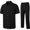imageMens 2 Piece Outfits Summer Relaxed Fit Walking Suit Casual Cuban Guayabera Shirt and Pants Set Beach VacationBlack