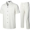 imageMens 2 Piece Outfits Summer Relaxed Fit Walking Suit Casual Cuban Guayabera Shirt and Pants Set Beach VacationWhite