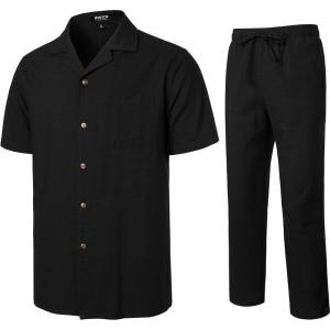 imageMens 2 Piece Outfits Summer Relaxed Fit Walking Suit Casual Cuban Guayabera Shirt and Pants Set Beach VacationBlack