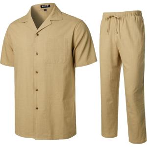 imageMens 2 Piece Outfits Summer Relaxed Fit Walking Suit Casual Cuban Guayabera Shirt and Pants Set Beach VacationKhaki