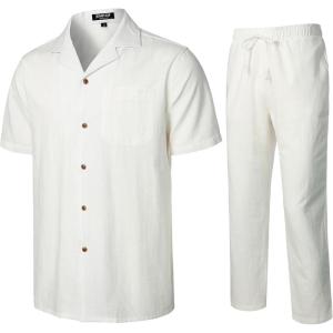 imageMens 2 Piece Outfits Summer Relaxed Fit Walking Suit Casual Cuban Guayabera Shirt and Pants Set Beach VacationWhite