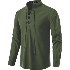 imageMens Pure Cotton Retro Lace Up Shirts for Renaissance Pirate Viking MedievalArmy Green