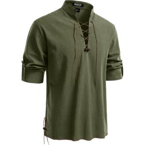 imageMens Pure Cotton Retro Lace Up Shirts for Renaissance Pirate Viking MedievalArmy Green Retro