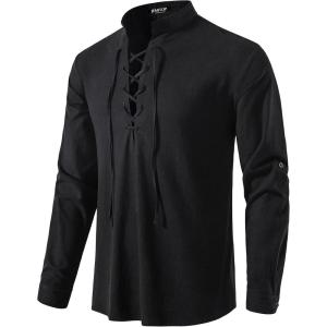 imageMens Pure Cotton Retro Lace Up Shirts for Renaissance Pirate Viking MedievalBlack