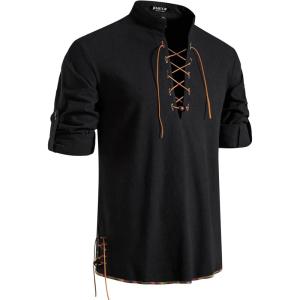 imageMens Pure Cotton Retro Lace Up Shirts for Renaissance Pirate Viking MedievalBlackd
