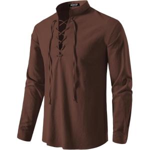 imageMens Pure Cotton Retro Lace Up Shirts for Renaissance Pirate Viking MedievalBrown