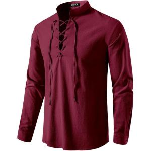 imageMens Pure Cotton Retro Lace Up Shirts for Renaissance Pirate Viking MedievalBurgundy