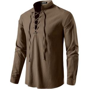 imageMens Pure Cotton Retro Lace Up Shirts for Renaissance Pirate Viking MedievalCoffee