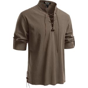 imageMens Pure Cotton Retro Lace Up Shirts for Renaissance Pirate Viking MedievalCoffee Retro