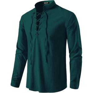 imageMens Pure Cotton Retro Lace Up Shirts for Renaissance Pirate Viking MedievalDark Green