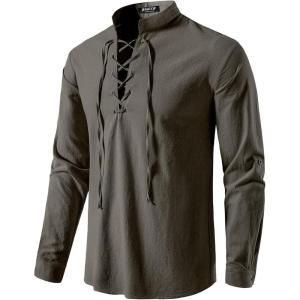 imageMens Pure Cotton Retro Lace Up Shirts for Renaissance Pirate Viking MedievalDark Grey