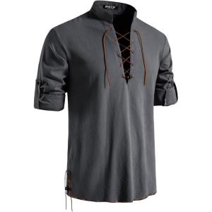 imageMens Pure Cotton Retro Lace Up Shirts for Renaissance Pirate Viking MedievalGreyd