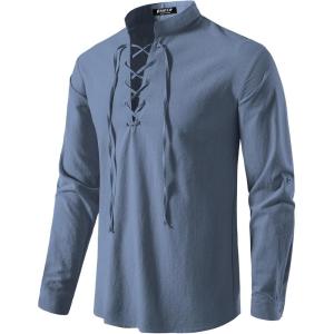 imageMens Pure Cotton Retro Lace Up Shirts for Renaissance Pirate Viking MedievalIndigo Blue