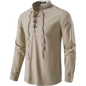imageMens Pure Cotton Retro Lace Up Shirts for Renaissance Pirate Viking MedievalKhaki