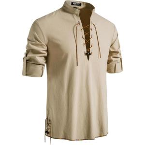 imageMens Pure Cotton Retro Lace Up Shirts for Renaissance Pirate Viking MedievalKhakid