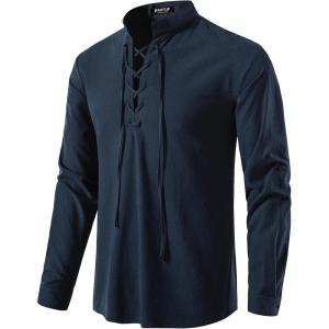 imageMens Pure Cotton Retro Lace Up Shirts for Renaissance Pirate Viking MedievalNavy Blue